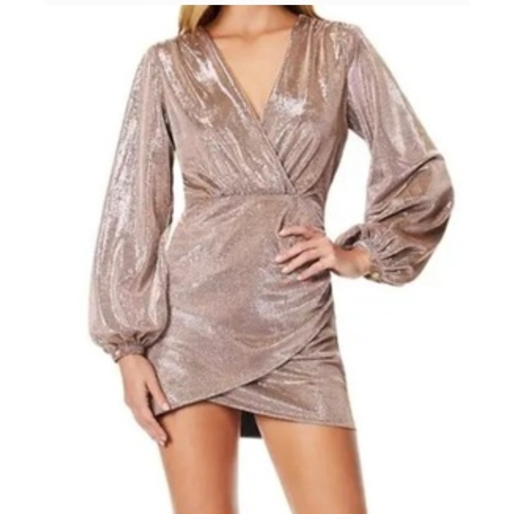 Ramy Brook "Bonny" Metallic Faux Wrap Party Draped Cocktail Prom Mini Dress